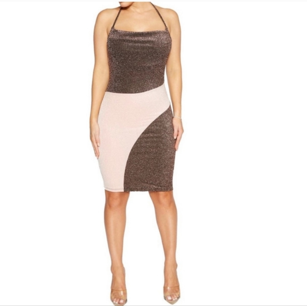 NAKED WARDROBE Womens Shimmery Halter Dress Bodycon Pink/Brown Sz Large Sexy NWT